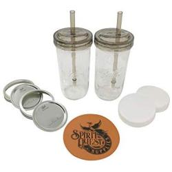 Mason Jar Drinking Glass Set - (2) 24oz Wide Mouth Ball Mason Jars with (2) Drinking Lids & Straws, (2) Storage Caps, (2) Metal Lids and Bands, and (1) Spirit Quest Supplies Large Jar Opener