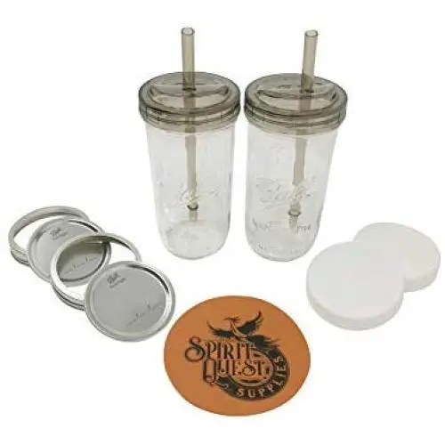 Mason Jar Drinking Glass Set - (2) 24oz Wide Mouth Ball Mason Jars with (2) Drinking Lids & Straws, (2) Storage Caps, (2) Metal Lids and Bands, and (1) Spirit Quest Supplies Large Jar Opener