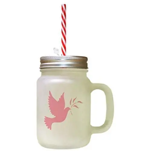 Soft Pink Red Dove Christmas Image Frosted Glass Mason Jar With Straw Soft Pink Red Dove Christmas Image Frosted Glass Mason Jar With Straw