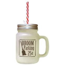 Brown Broom Parking 25 Cents Frosted Glass Mason Jar With Straw