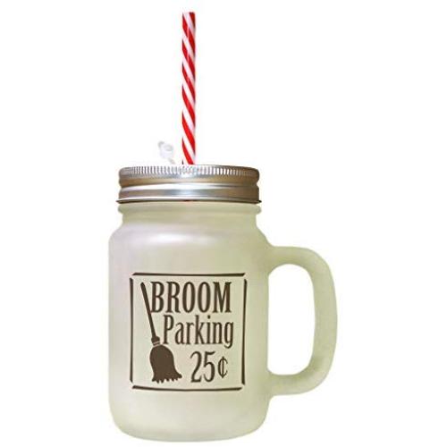 Brown Broom Parking 25 Cents Frosted Glass Mason Jar With Straw