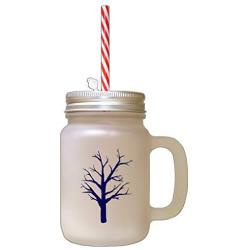 Navy Tree #4 Frosted Glass Mason Jar With Straw