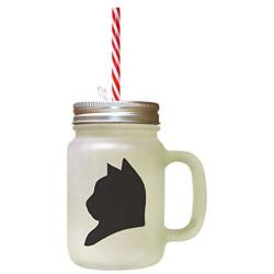 Black American Shorthair Cat Head Silhouette Frosted Glass Mason Jar With Straw