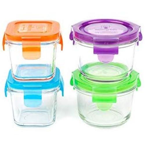 Wean Green Glass Food Storage Containers, 2 Wean Bowls 5.4 oz and 2 Wean Cubes 4 oz Assorted Garden Pack (4 pack)