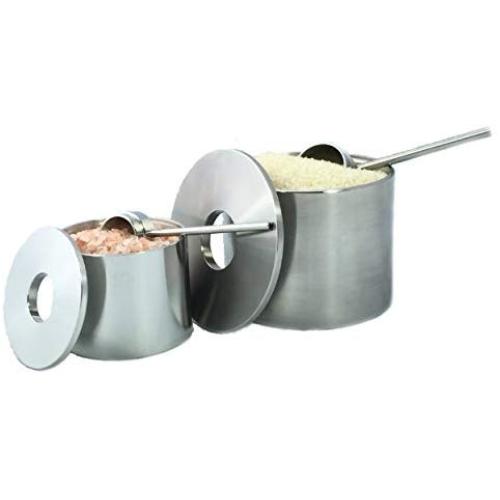Salt Cellar, Spice Jars Stainless Steel, Grind Gourmet Storage Spice Jars Silver Cellar With Spoon Solid Stainless Steel Holder (Large, Silver)