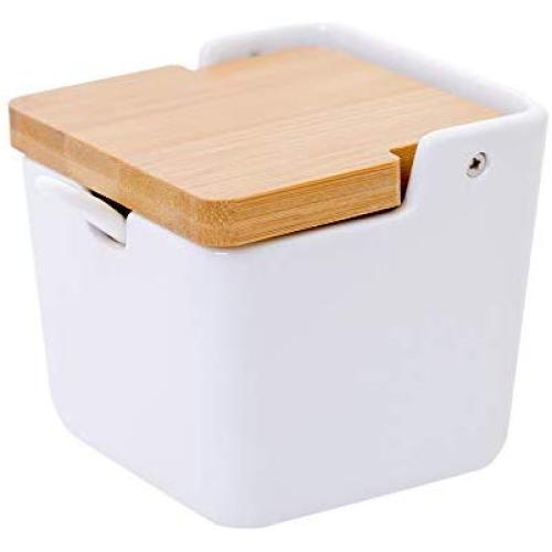 Porcelain Sugar Condiment Bowl-Spice Serving Container Coffeemate Stevia Honey Bamboo Flip Lid White Jar with Spoon,Practical Christmas Gift & Decoration & Kitchen Storage,9.1 fl oz 270 ML,Square