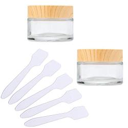 2 Pieces 30g Clear Glass Cream Jar Wooden Texture Plastic Lid Clear Glass Bottle Cream Jar with Inner Liner Empty Cosmetic Comtainer Refillable Come with 5 Pcs Makeup Frosted Tip Spatula (30g)