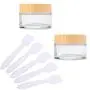 2 Pieces 30g Clear Glass Cream Jar Wooden Texture Plastic Lid Clear Glass Bottle Cream Jar with Inner Liner Empty Cosmetic Comtainer Refillable Come with 5 Pcs Makeup Frosted Tip Spatula (30g)