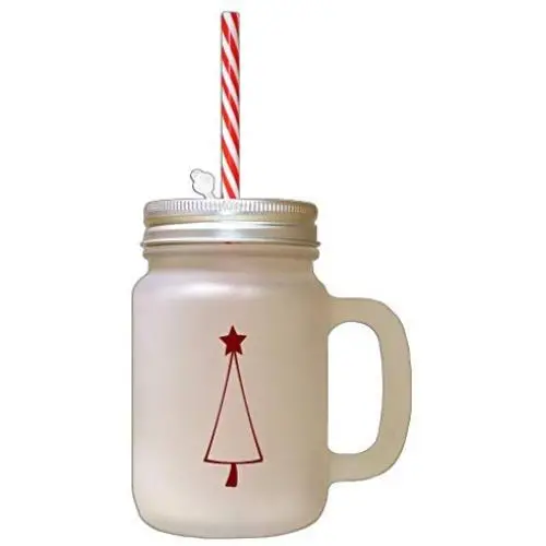 Maroon Christmas Tree Style 2 Frosted Glass Mason Jar With Straw Maroon Christmas Tree Style 2 Frosted Glass Mason Jar With Straw