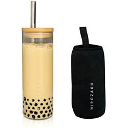 HIROZAKU 24oz Reusable Boba Cup, Eco-Friendly Leakproof Bamboo Lid Tumbler with Straw and Sleek Neoprene Sleeve - Wide Stainless Steel Straw and Cleaning Brush - Smoothie Bubble Tea Gift Set