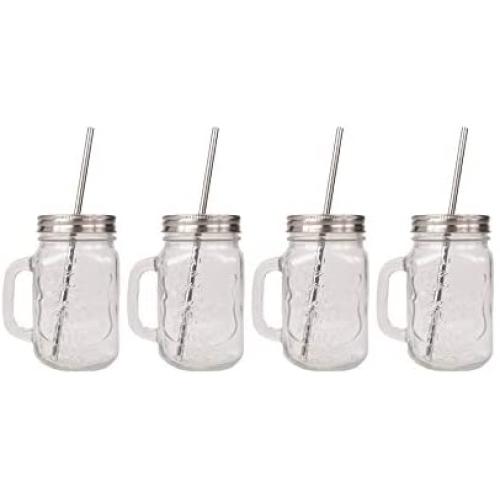 CUPVANNA | Mason Jar Tassen mit Edelstahlverschlüssen und Strohhaltern und Strohhalterreinigerbürste | 16oz Mason Jar Gläser mit Griff und Edelstahlverschlüssen & Strohhalter mit Reinigungsbürste (16 oz, 4 Sets)