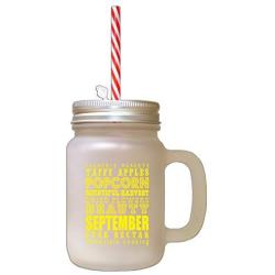 Yellow September Pear Nectar Fall Season Autumn Frosted Glass Mason Jar With Straw