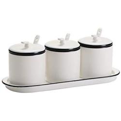 White Ceramic Sugar Bowls Condiment Pots Spice Jars Seasoning Box Set with Lid Spoon and Tray-Sets of 3