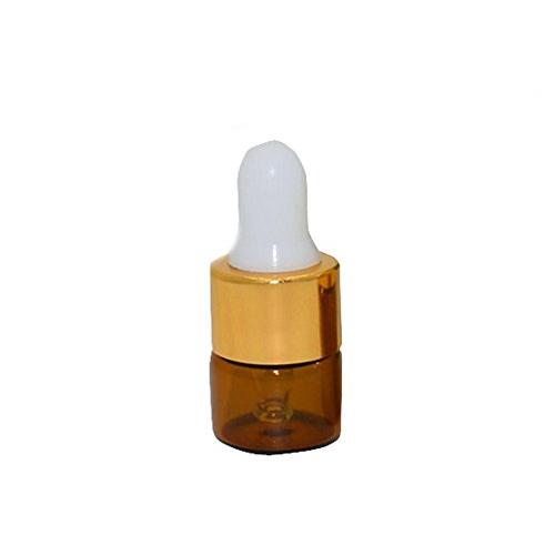 25Pcs Mini 1ML Empty Refillable Amber Glass Essential Oil Bottles Perfume Cosmetic Liquid Aromatherapy Lotion Sample Storage Containers Vials Jars with Eye Dropper Dispenser, Gold Cap