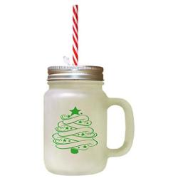 Green Multi-Color Christmas Tree Image Frosted Glass Mason Jar With Straw