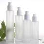 2 Pcs 120ML 4OZ Transparent Frosted Glass Empty Refillable Lotion Bottle with White Pump Head and Bamboo Lines Cap Cosmetic Emulsion Container Shampoo Dispense Vial Makeup Sample Case Jar for Travel