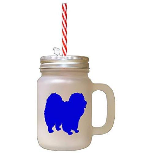 Royal Blue Chow Chow Silhouette Frosted Glass Mason Jar With Straw