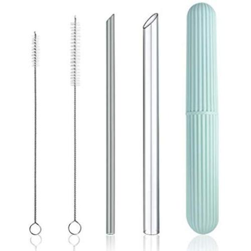 Reusable Eco-Friendly Glass Drinking Straws Set, 8-inch x 8mm and 14mm with S/M Extra Large Size Brushes and Storage Container Travel Safe Case Box BPA Free Smoothie Coffee Bubble Boba Tea - Gray