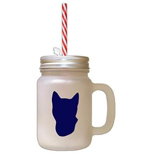 Navy Tonkinese Cat Head Silhouette #2 Frosted Glass Mason Jar With Straw