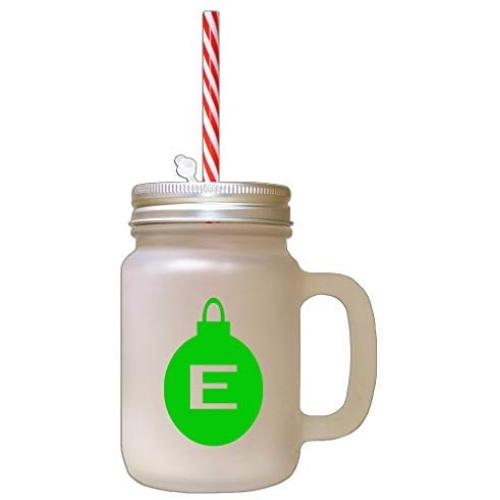 Green&quotE" Christmas Tree Toy Monogram E Frosted Glass Mason Jar With Straw