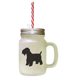 Black Soft Coated Wheaten Terrier Silhouette Frosted Glass Mason Jar With Straw