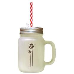 Brown Palm Trees Frosted Glass Mason Jar With Straw