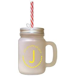 Yellow Alphabet J, Jam Jar Jump Job Juice Frosted Glass Mason Jar With Straw