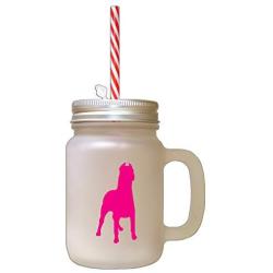 Hot Pink Dogo Argentino Silhouette Frosted Glass Mason Jar With Straw