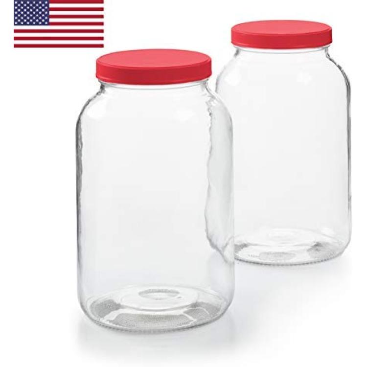 2 Pack - 1 Gallon Mason Jar - Glass Jar Wide Mouth with Airtight Foam Lined Plastic Lid - Safe Mason Jar for Fermenting Kombucha Kefir - Pickling