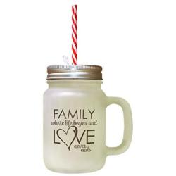 Brown Family Where Life Begins Love Never Ends #1 Frosted Glass Mason Jar With Straw