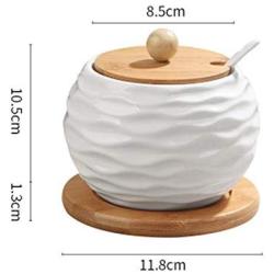 Ceramic cruet seasoning jar salt bowl sugar bowl kitchen household ceramic seasoning jar glass lid storage tank wooden tray,1pcs-J