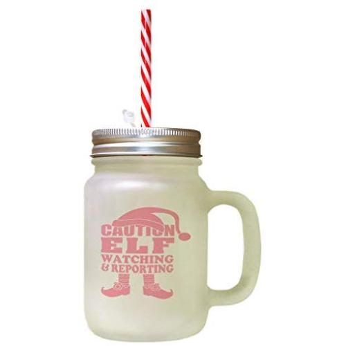 Soft Pink Caution Elf Watching & Reporting Christmas Frosted Glass Mason Jar With Straw