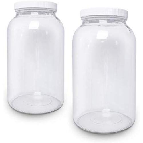 2 Pack - 1 Gallon Glass Jar Wide Mouth with Airtight Foam Lined Plastic Lid - Safe Mason Jar for Fermenting Kombucha Kefir - Pickling, Storing and Canning