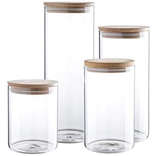 Clear Glass Storage Jar 60/47/34/24oz With Beech Wood Lid Set of 4 Glass Canister With Airtight Lid Food Storage Jar