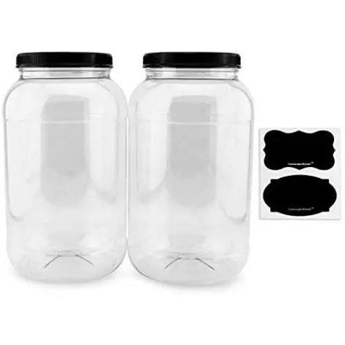 Cornucopia Gallon Plastic Jars (2-Pack); Clear Round Containers with Black Ribbed Lids, BPA-Free 4-Quart Large Size Cornucopia Gallon Plastic Jars (2-Pack); Clear Round Containers with Black Ribbed Lids, BPA-Free 4-Quart Large Size