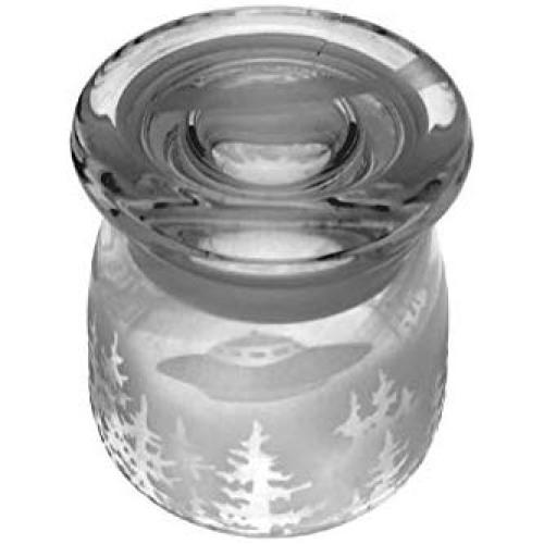 IncisoArt Hand Etched Vibe Storage Jar Sandblasted (Sand Carved) Glass Handmade USA Custom (4.5 Ounce (133ml), UFO Forest Mountains)