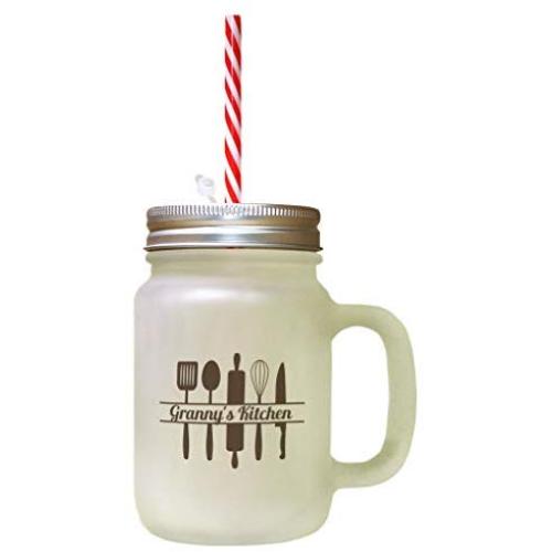Brown GrannyS Kitchen Frosted Glass Mason Jar With Straw