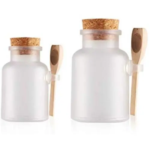 Bouteille en plastique glacée vide de 100 ml/3.5oz, réutilisable, avec cuillère en bois et bouchon en liège pour sel, miel, café et plus.