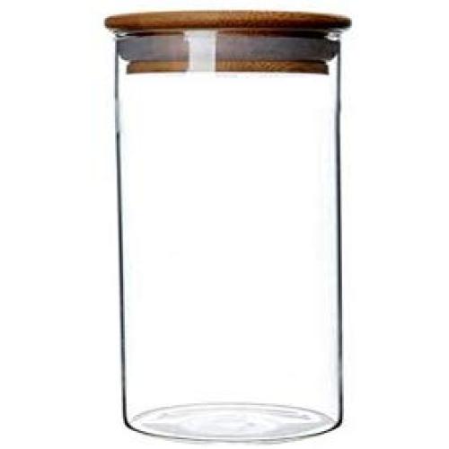 1PCS 350ML 11.8OZ Transparent Empty Cylindrical Glass Sealed Tank with Wooden Cover Large Capacity Tea Candy Snacks Spices Storage Holder Refillable Reusable Pot Jar Bottle Can for Daily Life