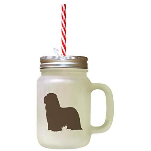 Brown Bearded Collie Silhouette Frosted Glass Mason Jar With Straw
