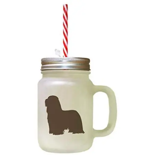 Brown Bearded Collie Silhouette Frosted Glass Mason Jar With Straw Brown Bearded Collie Silhouette Frosted Glass Mason Jar With Straw