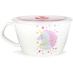 Unique Shape Microwavable Ceramic Noodle Bowl with Handle and Seal Fine Porcelain (PurpleUnicorn)