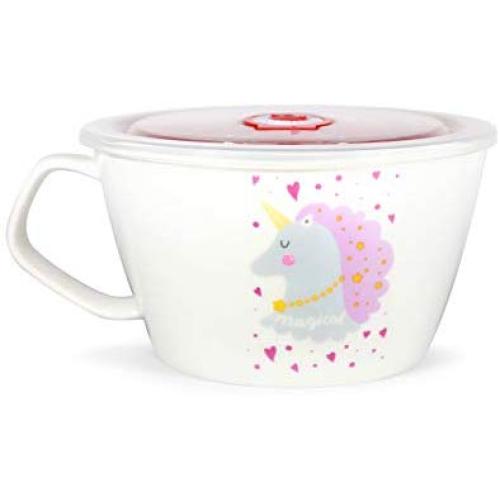 Unique Shape Microwavable Ceramic Noodle Bowl with Handle and Seal Fine Porcelain (PurpleUnicorn)