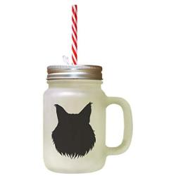 Black Maine Coon Cat Head Silhouette Frosted Glass Mason Jar With Straw