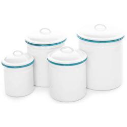 Enamelware Canister Set, 4 piece, Vintage White/Turquoise