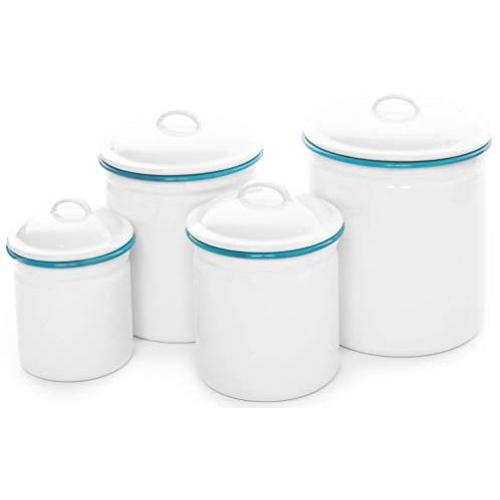 Enamelware Canister Set, 4 piece, Vintage White/Turquoise