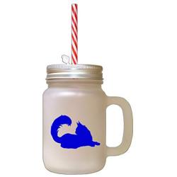 Royal Blue Maine Coon Cat Silhouette #2 Frosted Glass Mason Jar With Straw