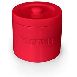 Ceramic Grease Container Keeper with Metal Stainless Steel Strainer and Lip for Easy Pour (Red)