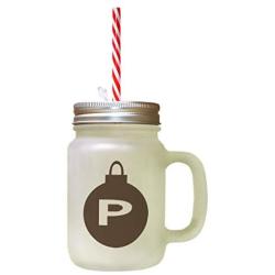 Brown&quotP" Christmas Tree Toy Monogram P Frosted Glass Mason Jar With Straw