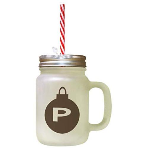 Brown&quotP" Christmas Tree Toy Monogram P Frosted Glass Mason Jar With Straw